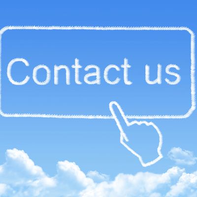 Cloud-shaped button with 'Contact us' text and a pointing hand in the sky.