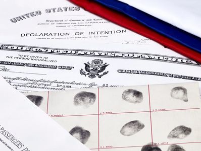 Naturalization documents, fingerprints, and a U.S. flag represent citizenship process.