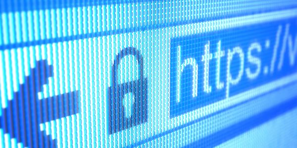 Close-up of a secure HTTPS web address with a padlock icon.