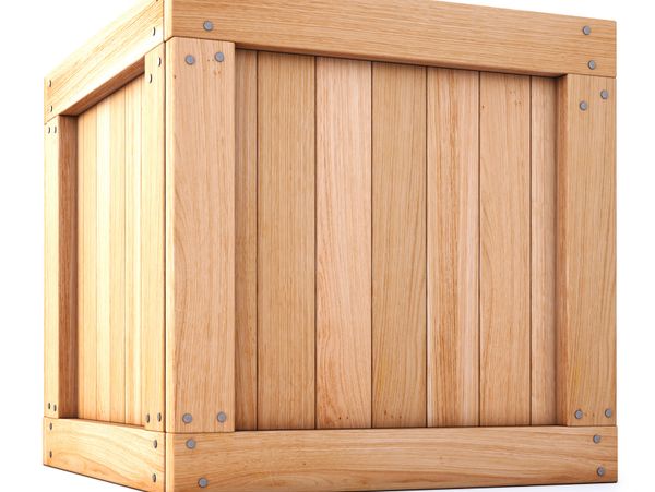 A sturdy wooden crate with metal reinforcements on a white background.