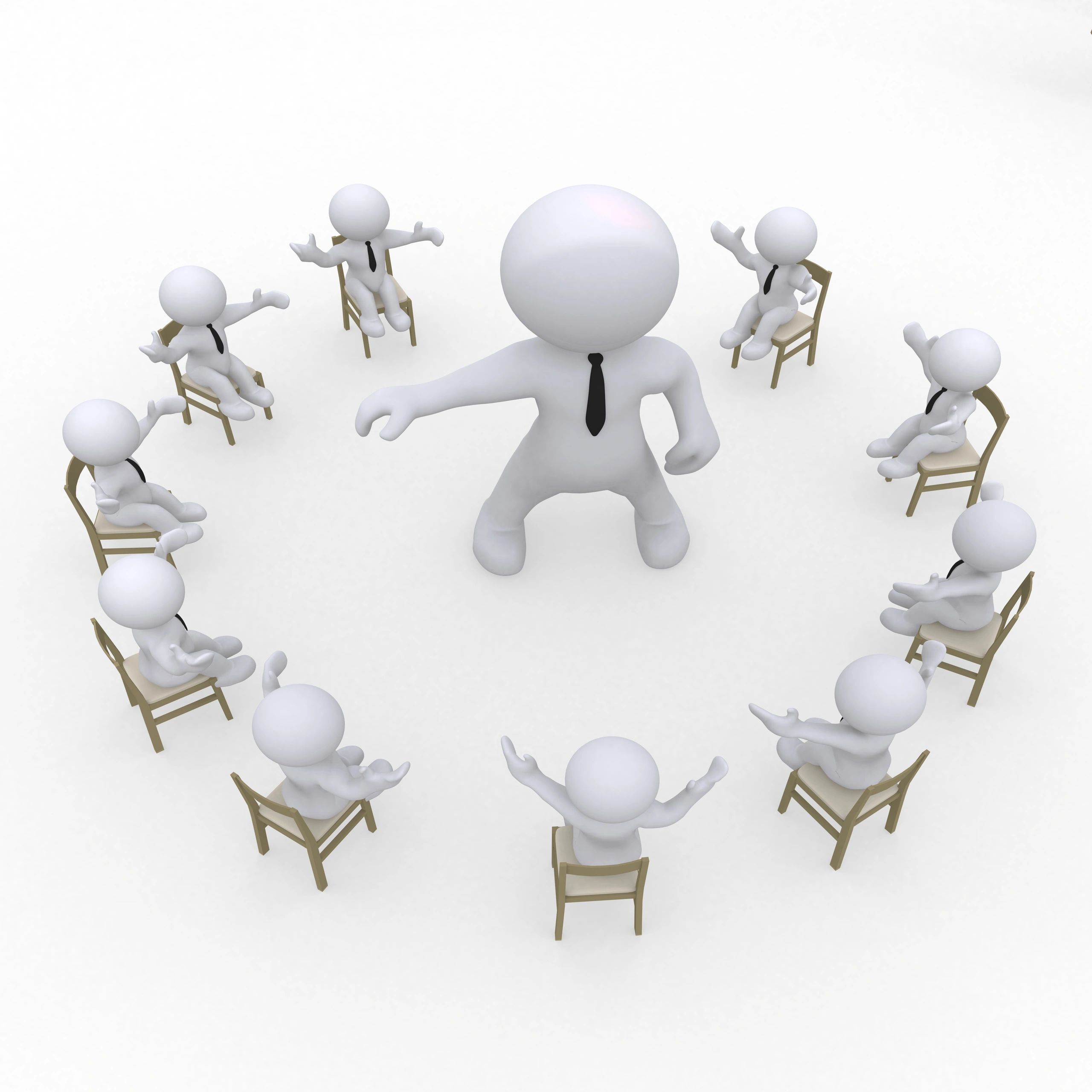 3D figures in ties sitting in a circle with one standing in the center.