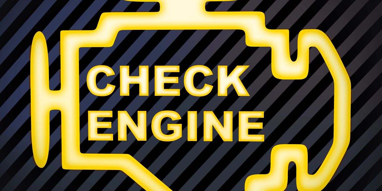 An illuminated vehicle Check Engine Light icon on a black and gray striped background