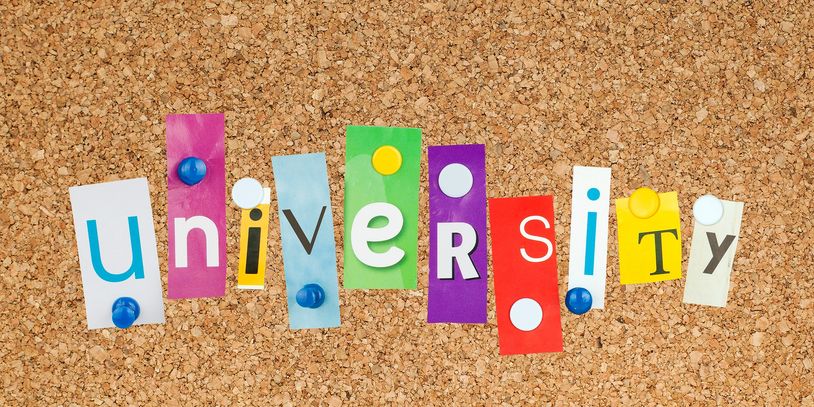 Colorful letters pinned on corkboard spelling 'university'.