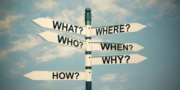 Signpost with question words against sky.