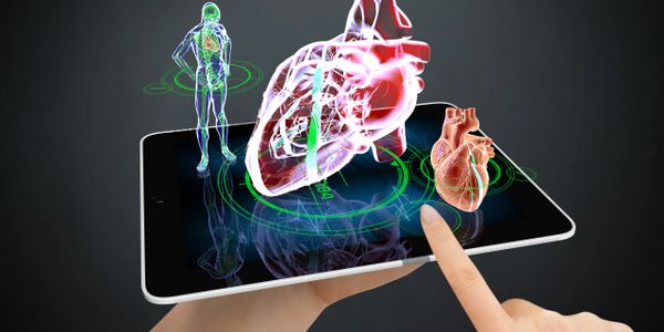 Hands interacting with a tablet displaying 3D holograms of a heart and a human figure.
