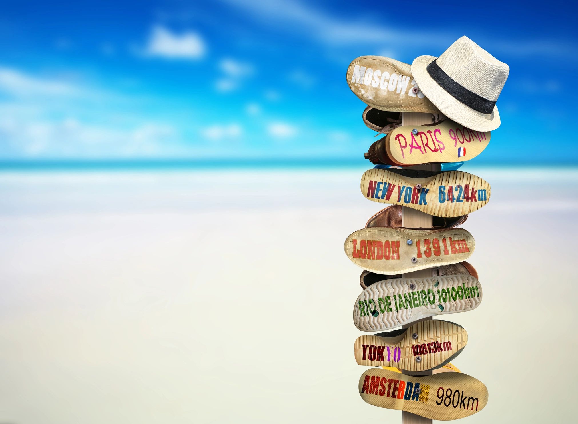 Signpost made of shoes showing distances to major cities on a sandy beach.