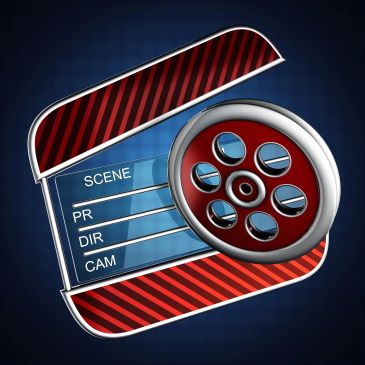 A stylized film clapperboard with a red film reel on a dark background.