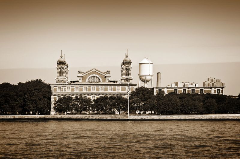 Ellis island in New York City, vintage sepia process