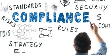 Person writing compliance-related terms on a board.