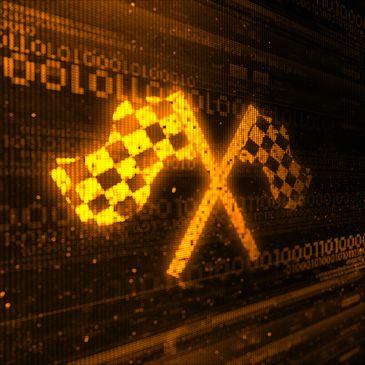 Digital glowing checkered flags symbolizing racing victory in binary code.
