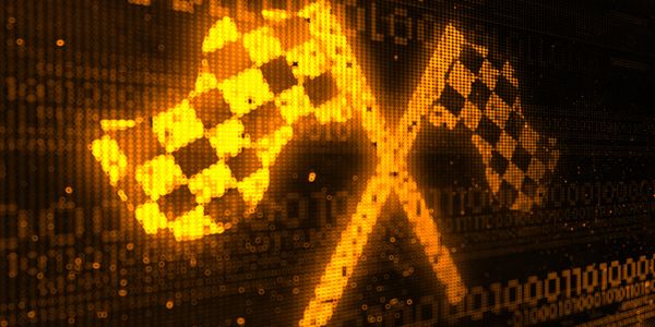 Digital checkered racing flags made of glowing binary code.