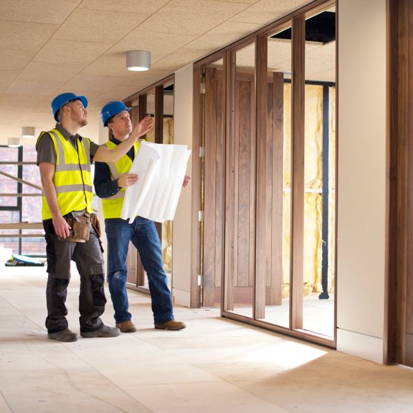 Two construction workers in helmets and vests reviewing building plans indoors.