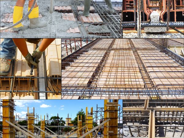 Various stages of concrete and rebar construction at a building site.