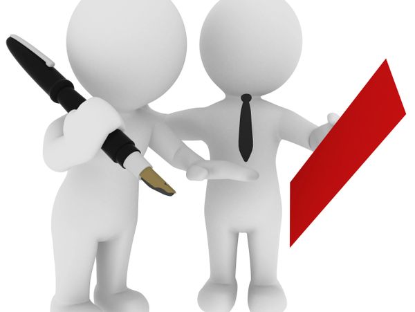 Two 3D figures, one holding a large pen, the other a red clipboard, collaborating.