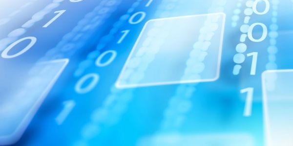 Abstract digital binary code in blue tones.