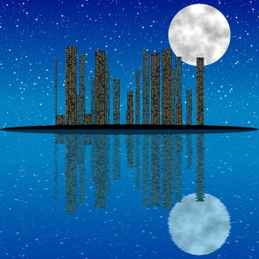 City skyline at night with full moon and reflection on water.
