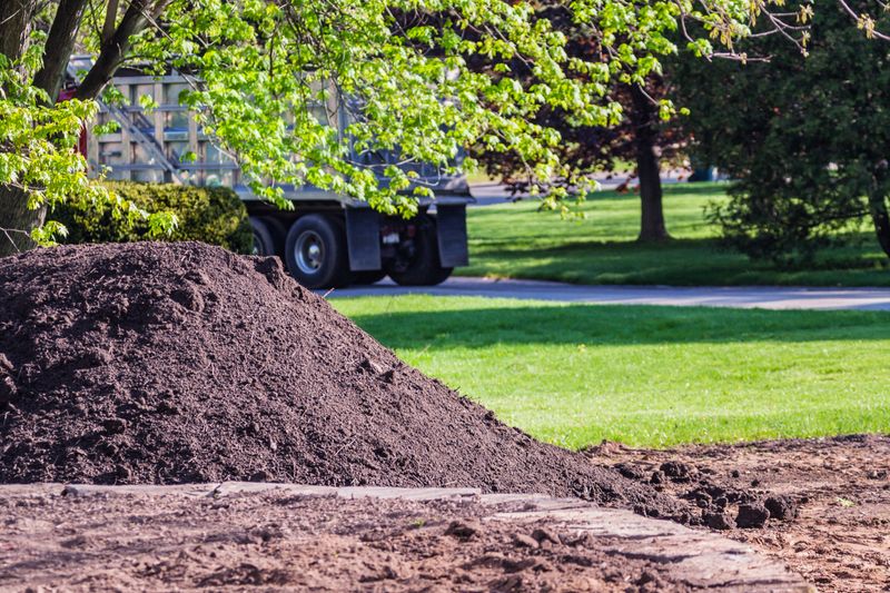 A heavy commercial dump truck has left a residential property after delivering a large pile of landscaping topsoil.