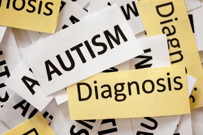 Words 'AUTISM' and 'Diagnosis' on paper slips.