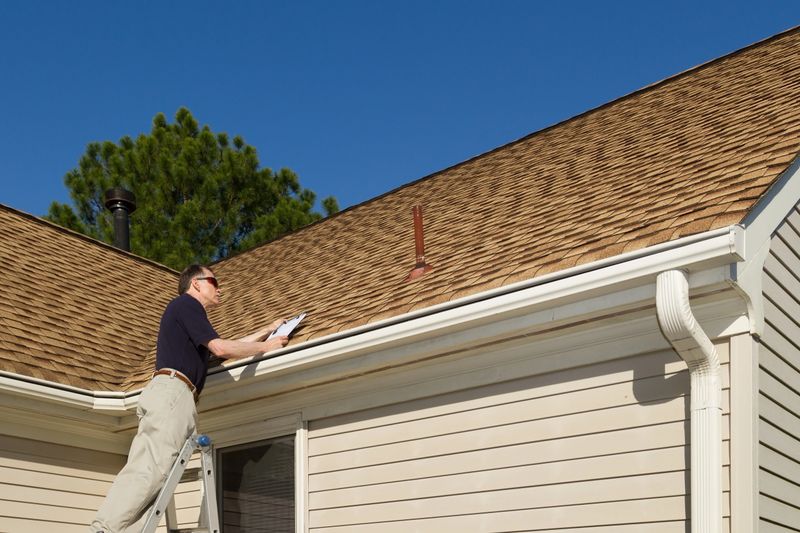 Inspector on a step ladder inspects a roof vent on a home.