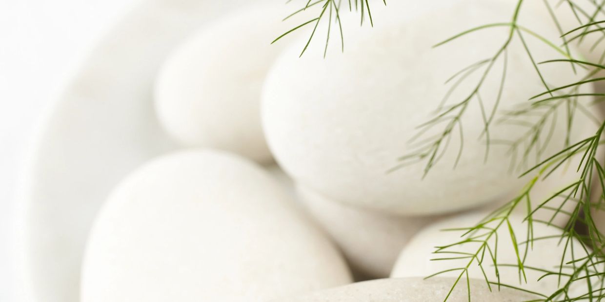 Smooth white stones with delicate green foliage for a calming effect.