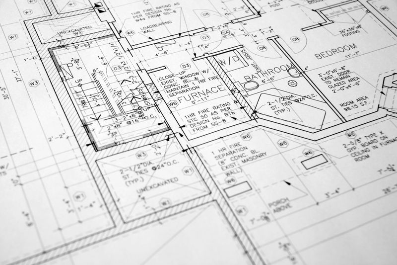 This is a picture of a set of blueprints (architectural drawings) the main floor of a house.  