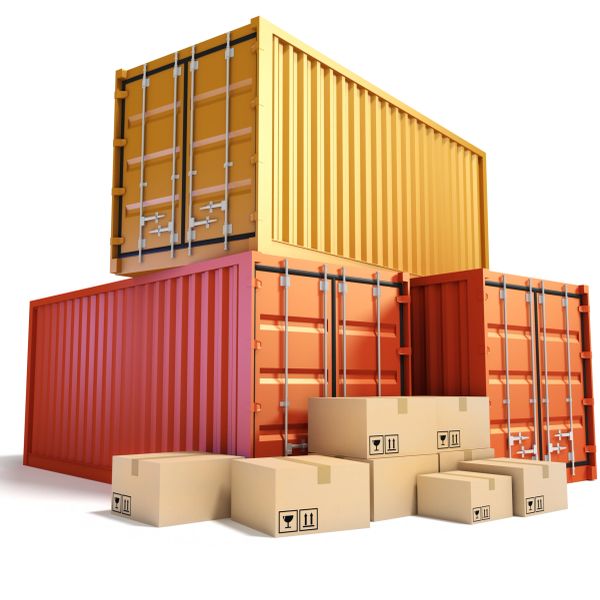 Stacked shipping containers with cardboard boxes.