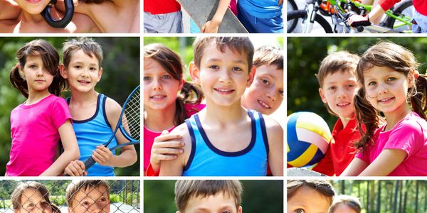 Happy children playing various outdoor sports together in a park.