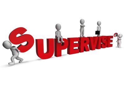 3D figures interacting with the word SUPERVISE.