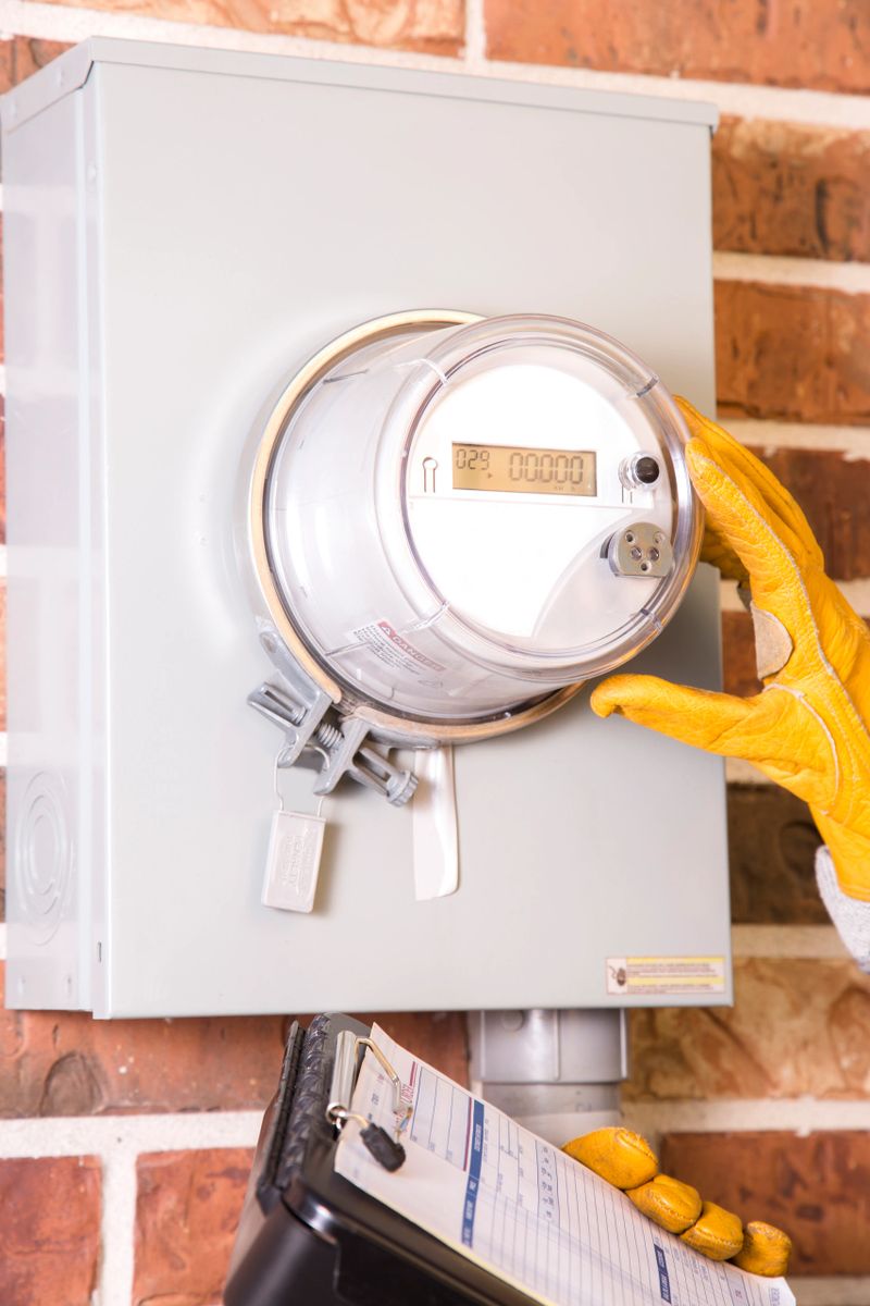 "Smart meter".  Electricity meter located on a brick home.  A utilities worker checks the box for a reading.  The worker wears construction gloves and hold a clipboard with paperwork. Repairman, meter reader, or electrician.  Energy efficiency. 
