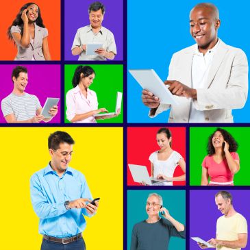 Collage of diverse people using phones and laptops with colorful backgrounds.