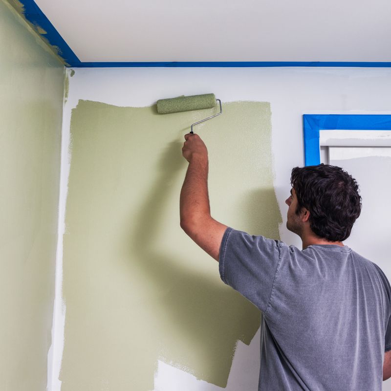A left-handed young man is using a paint roller to paint a bedroom wall near one corner of the room. The blue masking tape protects the ceiling and closet frame to his right from potential spatters and slips.