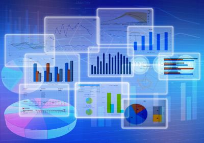 Digital charts and graphs overlay on blue background.