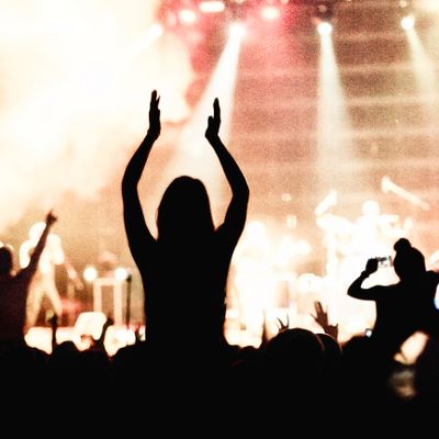Silhouettes of concertgoers enjoying a live music show with bright stage lights.