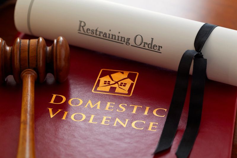 The Law with respect to family related, domestic violence issues. Book of law with a gavel and a Restraining Order.