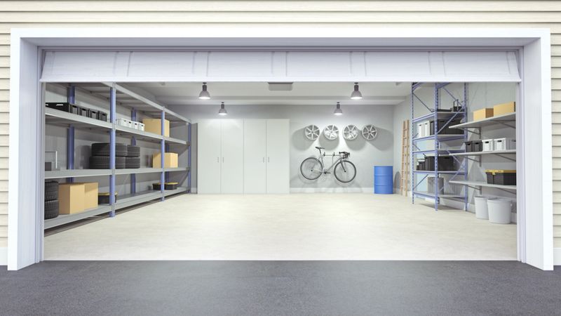 Modern empty garage interior viewing from outside of the open garage door.