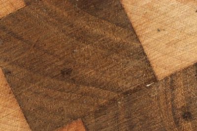 maple end grain cutting board stored on its side
