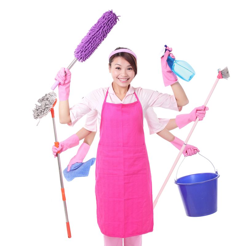 Woman cleaning. Happy smile female housewife isolated on white background. asian