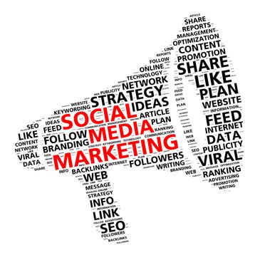 Thumbs up shape composed of social media marketing keywords.