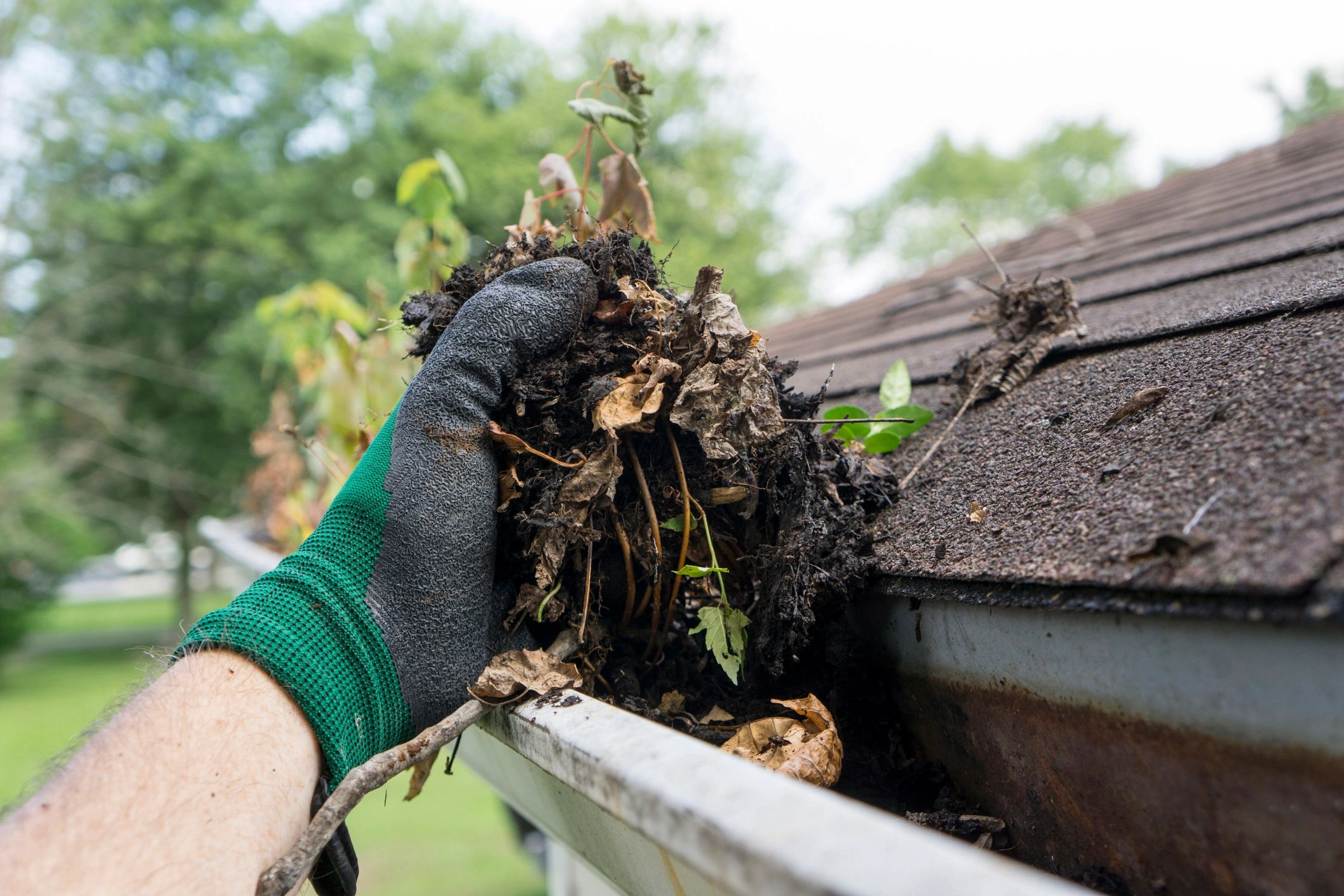 Before and after gutter cleaning. Get your gutters flowing again with Maine Flow Tech.