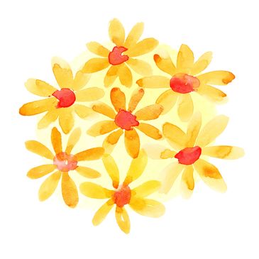 Watercolor painting of bright yellow flowers with red centers.