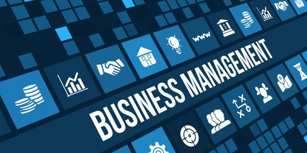 Business management concept with related icons.
