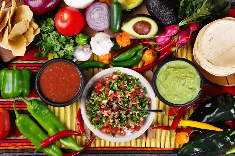 Stock image of traditional mexican food salsas and ingredients