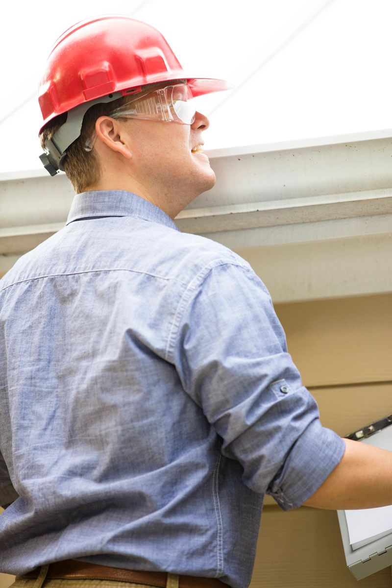 Repairman, building inspector, exterminator, engineer, insurance adjuster, or other blue collar worker has just begun his examination of a building/home's exterior walls, roof, and foundation. He wears a red hard hat and clear safety glasses and holds a his clipboard.  