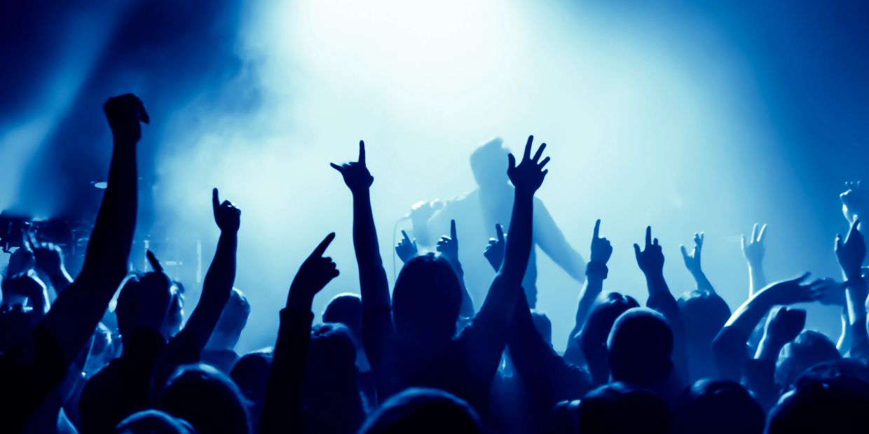 Crowd enjoying a live concert with raised hands.