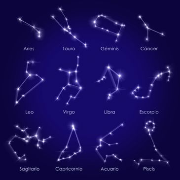 Constellations of the twelve zodiac signs with Spanish names on a dark blue background.