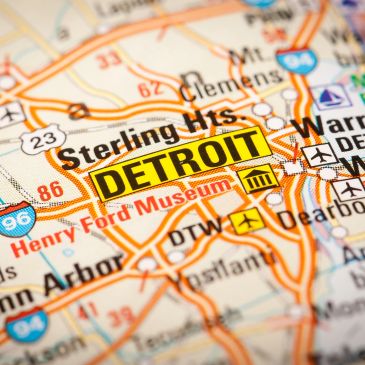 Close-up map showing Detroit and nearby areas in Michigan.