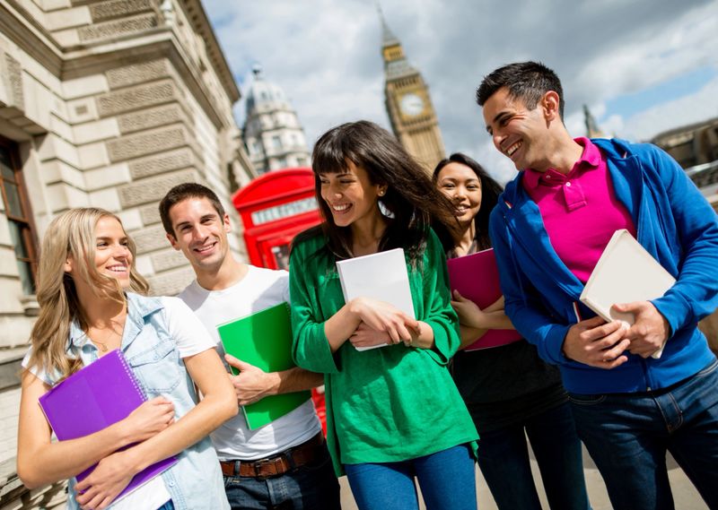 Group of exchange students in Britain looking very happy