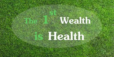 The phrase 'The 1st Wealth is Health' displayed on green grass.
