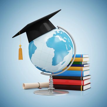 Globe with graduation cap, diploma, and stack of books symbolizing global education.