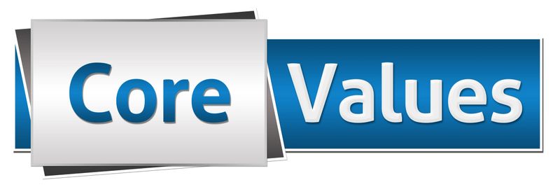 Core values text written over blue grey background.